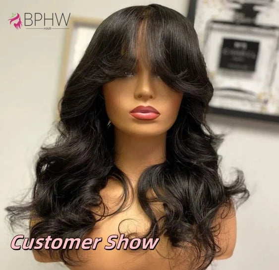 Body Wave Human Hair Wigs With Bangs Short Bob Wig 180% Density Brazilian Fringe Remy