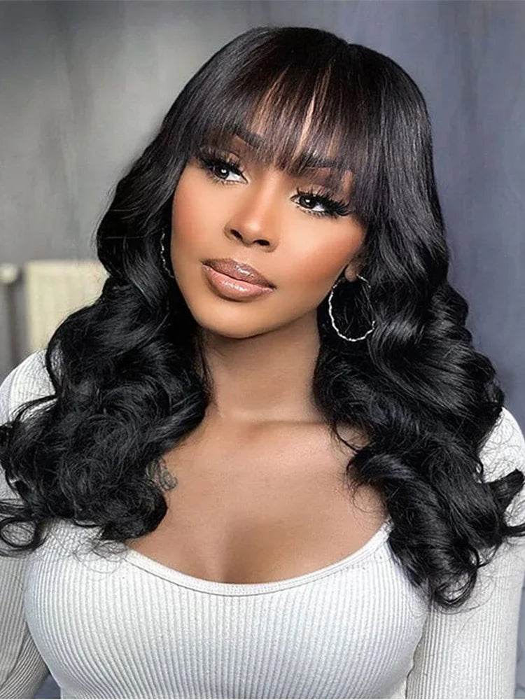 Body Wave Human Hair Wigs With Bangs Short Bob Wig 180% Density Brazilian Fringe Remy